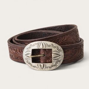 Ralph Lauren RRL Tooled Brown Leather Belt with Silver Buckle